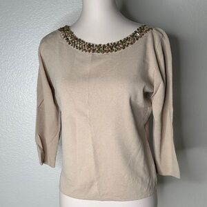 Joseph Cream Long Sleeve Top with Beaded Green Accent
